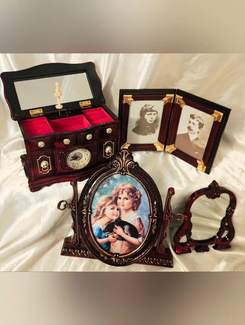 Vintage Mahogany-Style Musical Jewelry Box And Picture Frame Bundle